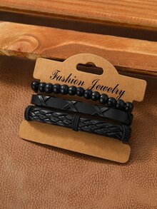 MSCXDK 1pc Men Minimalist Round Pointer Quartz Watch & 3pcs Bracelet - Black - View 3