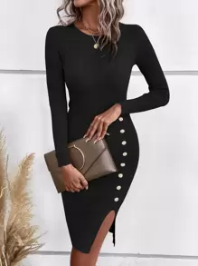 SHEIN Clasi Button Detail Split Hem Jumper Dress - Black - View 3