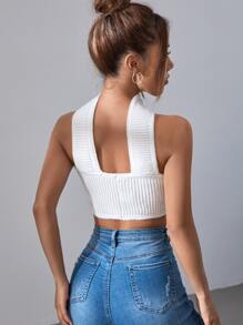 SHEIN BAE Top tejido crop de cuello halter - Blanco - Ver 2