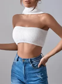 SHEIN BAE Top tejido crop de cuello halter - Blanco - Ver 5