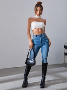 SHEIN BAE Top tejido crop de cuello halter - Blanco - Ver 6