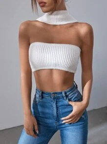 SHEIN BAE Top tejido crop de cuello halter - Blanco - Ver 4