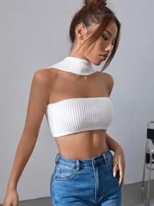 SHEIN BAE Top tejido crop de cuello halter - Blanco - Ver 1