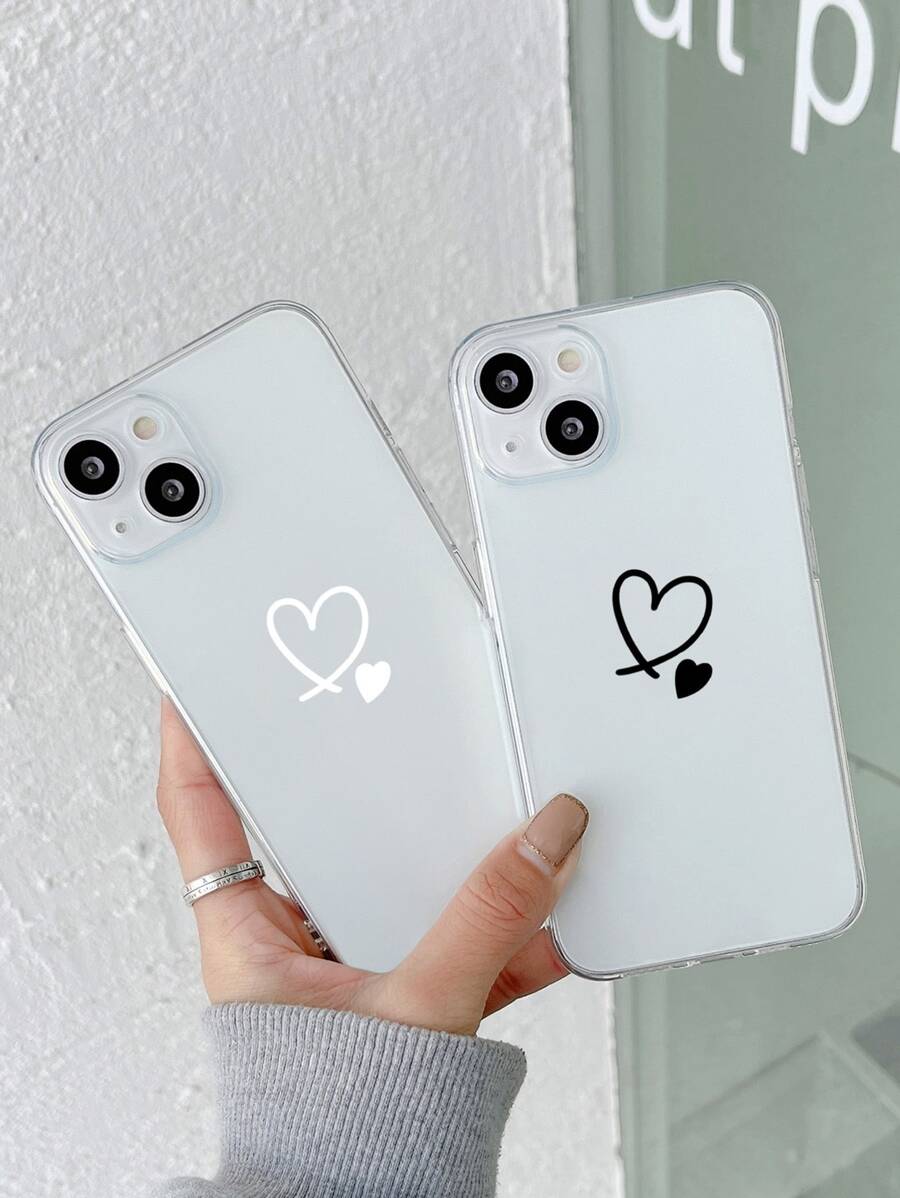 1pc Colorful Painted Heart Pattern Phone Case, 2pcs/Set Compatible With IPhone/Samsung Phones - Black and White - View 1