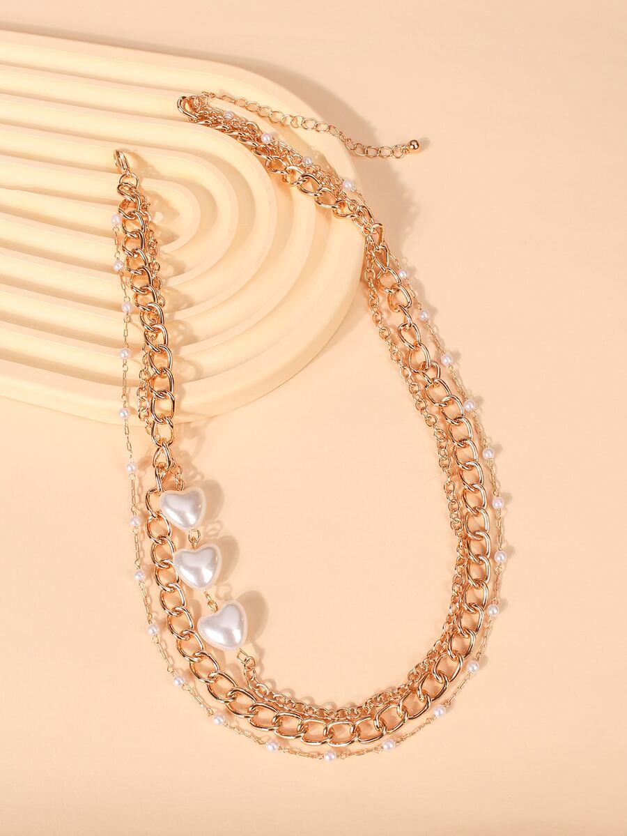 Faux Pearl Heart Decor Layered Necklace - Rose Gold - View 1
