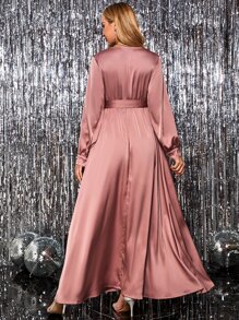 MaterniChic Maternity Surplice Neck Belted Long Sleeve Dress , For Party - Pink - View 3