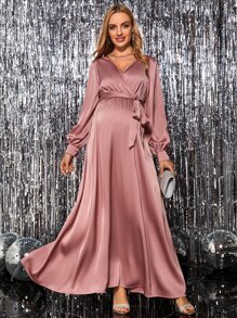 MaterniChic Maternity Surplice Neck Belted Long Sleeve Dress , For Party - Pink - View 2