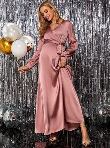 MaterniChic Maternity Surplice Neck Belted Long Sleeve Dress , For Party - Pink - View 1