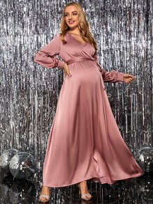 MaterniChic Maternity Surplice Neck Belted Long Sleeve Dress , For Party - Pink - View 6