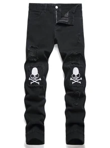 Men Skeleton Patched Pocket Zipper Ripped Jeans - Black - View 1