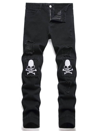 Guys Skull Print Ripped Jeans