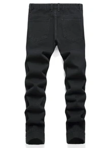 Men Skeleton Patched Pocket Zipper Ripped Jeans - Black - View 2