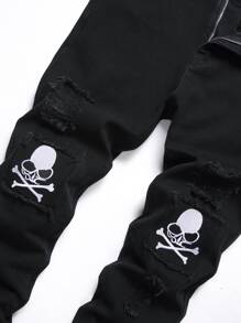 Men Skeleton Patched Pocket Zipper Ripped Jeans - Black - View 4