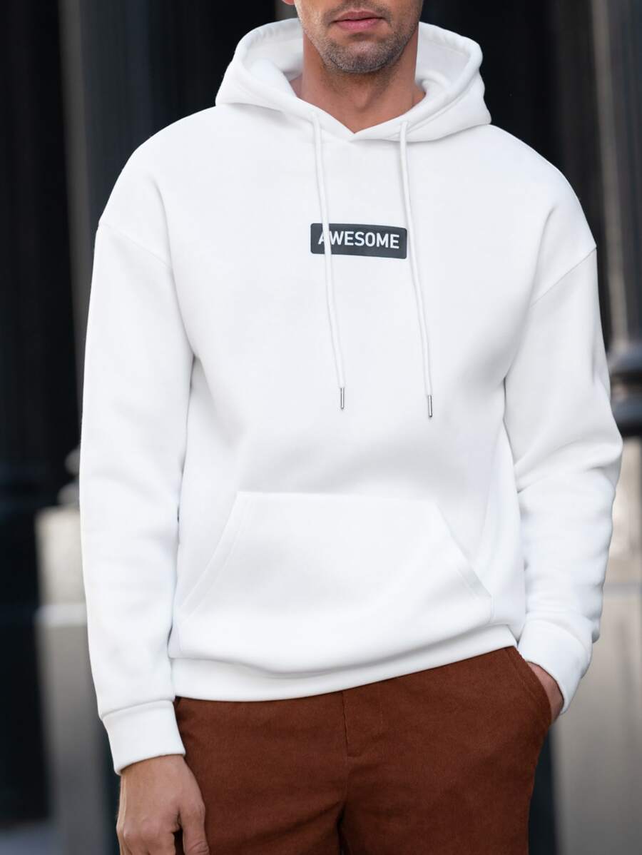 Manfinity VCAY Men's Loose Fit Hoodie With Letter Graphic, Kangaroo Pocket And Drawstring - White - View 1