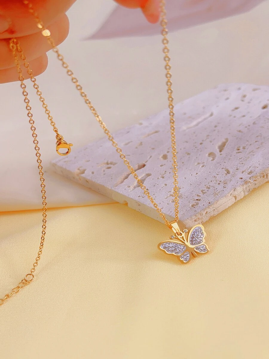 Butterfly Pendant Necklace - Yellow Gold - View 1