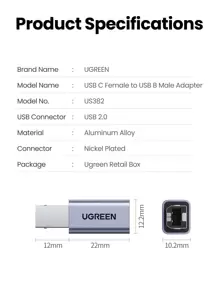 UGREEN Type C Female To USB 2.0 B Male Printer Fax Machine Scanner Adapter(1pc)