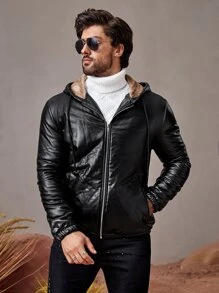 Manfinity Men Zip Up Teddy Lined Hooded Jacket - Black - View 5