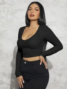 SHEIN SXY 華夫格編織短款T恤 - 黑色 - 查看 1