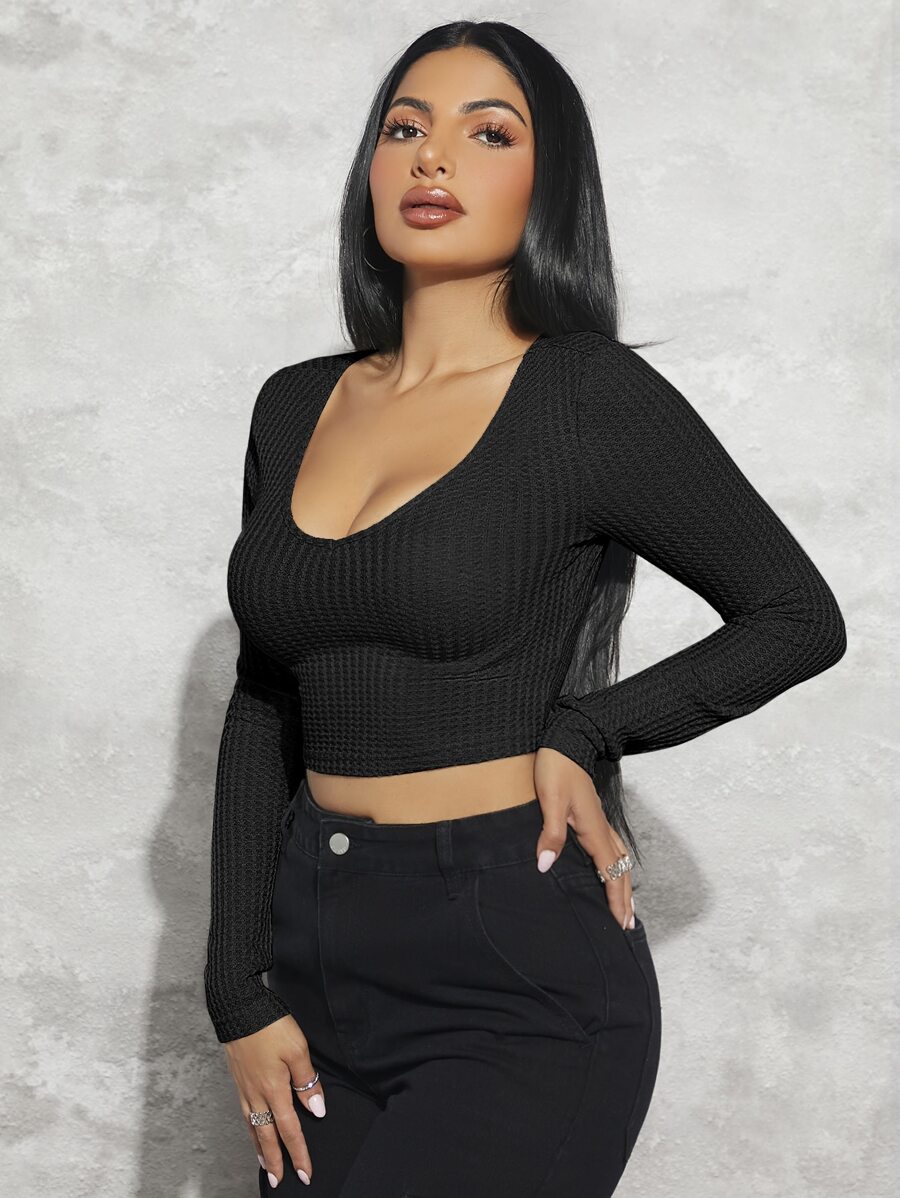 SHEIN SXY 華夫格編織短款T恤 - 黑色 - 查看 1