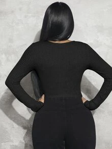 SHEIN SXY 華夫格編織短款T恤 - 黑色 - 查看 2