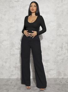 SHEIN SXY 華夫格編織短款T恤 - 黑色 - 查看 3