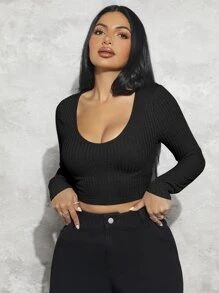 SHEIN SXY 華夫格編織短款T恤 - 黑色 - 查看 4