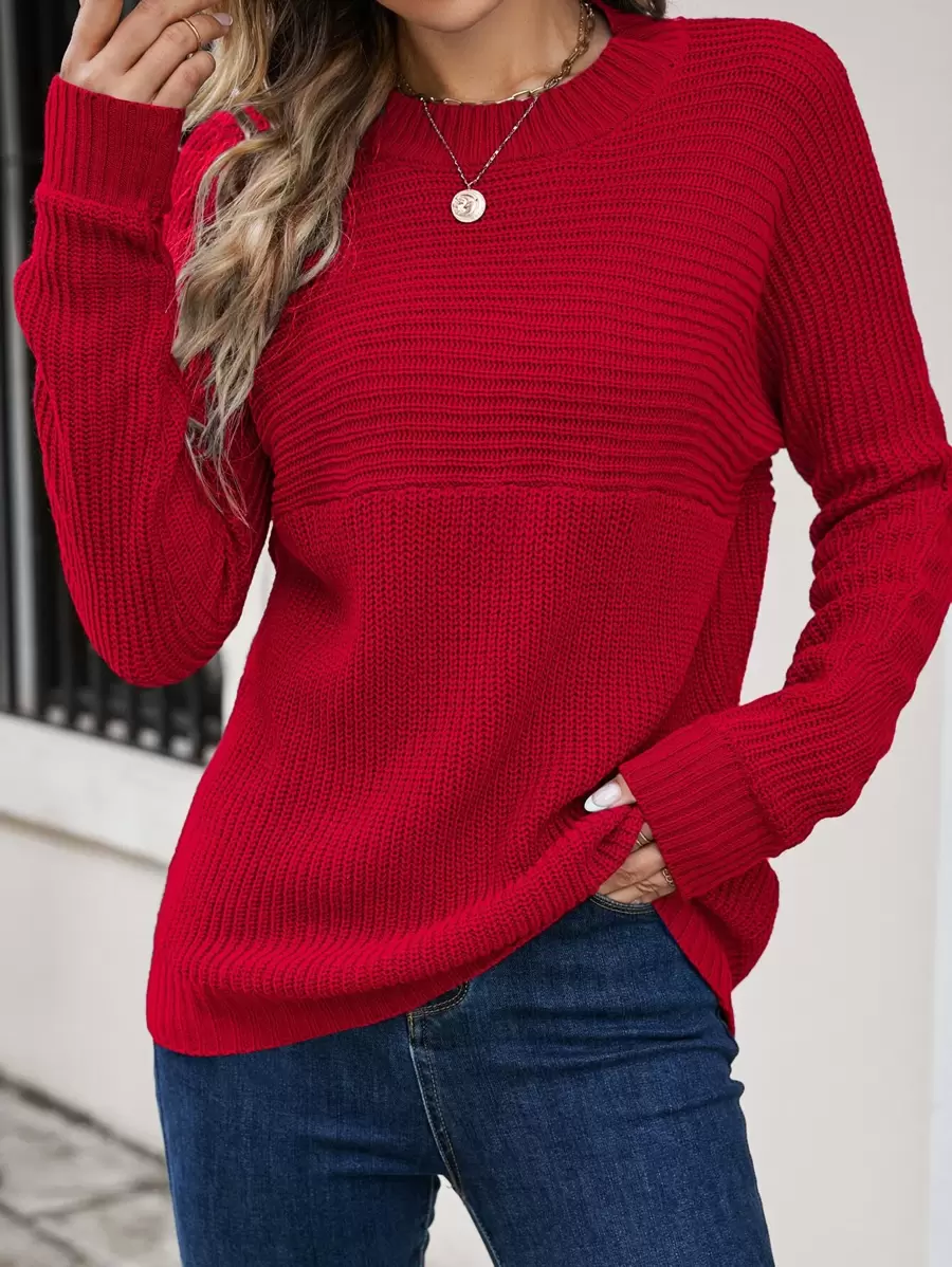 SHEIN Essnce Suéter de cuello redondo y mangas tipo murciélago, blusas de manga larga para otoño/invierno - Rojo - Ver 1