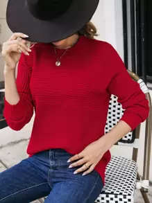 SHEIN Essnce Suéter de cuello redondo y mangas tipo murciélago, blusas de manga larga para otoño/invierno - Rojo - Ver 4