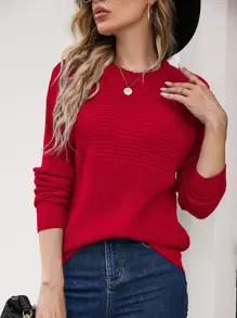 SHEIN Essnce Suéter de cuello redondo y mangas tipo murciélago, blusas de manga larga para otoño/invierno - Rojo - Ver 6