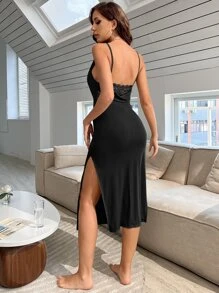 Draped Front Backless Cami Nightdress - Black - View 1