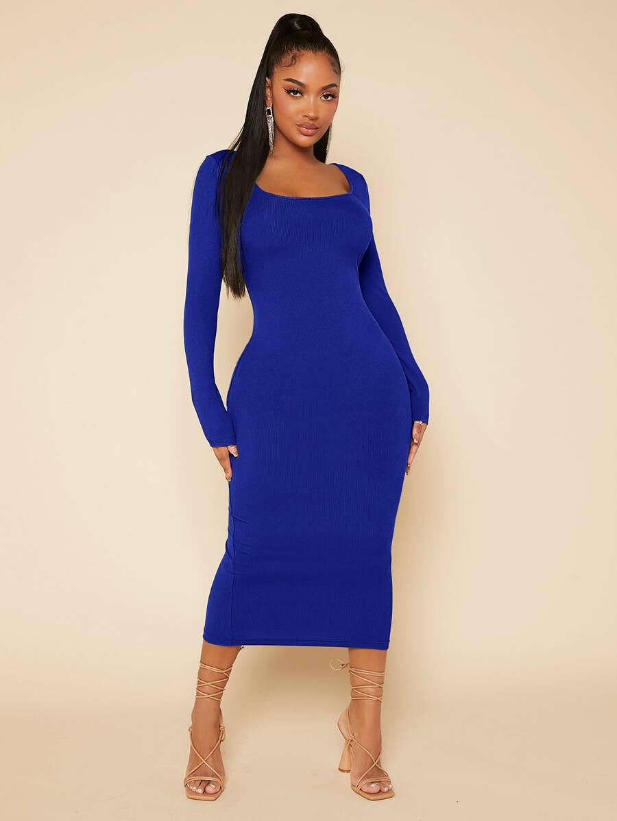 SHEIN SXY Solid Square Neck Bodycon Dress - Royal Blue - View 1