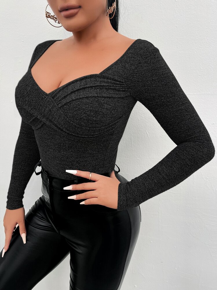 SHEIN SXY Sweetheart Neck Wrap Cross Tee - Black - View 3