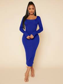 SHEIN SXY Solid Square Neck Bodycon Dress - Royal Blue - View 4