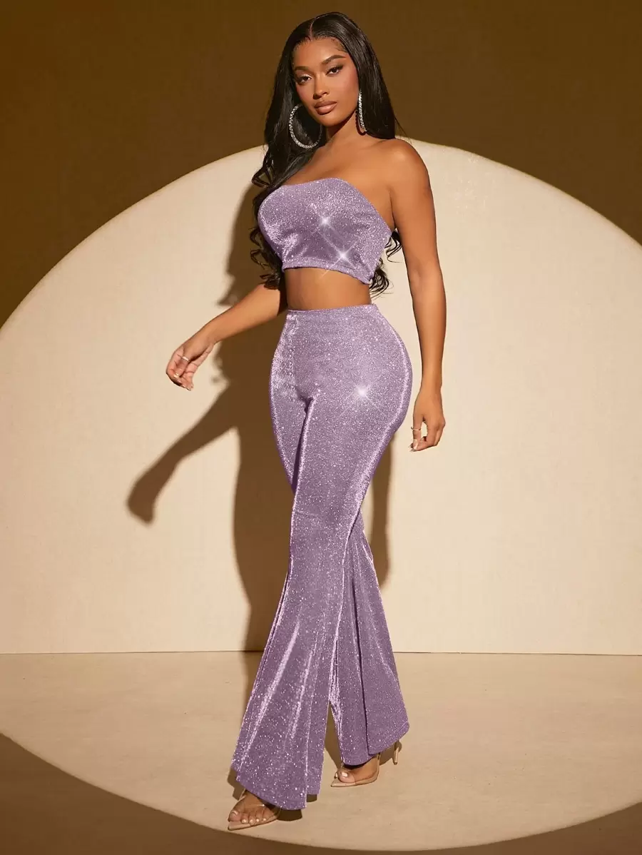 SHEIN SXY Glitter Crop Tube Top & Flare Leg Pants - Lilac Purple - View 1