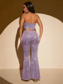 SHEIN SXY brillante Top tubo corto & Pantalones acampanados - Lila Púrpura - Ver 2