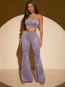 SHEIN SXY brillante Top tubo corto & Pantalones acampanados - Lila Púrpura - Ver 3
