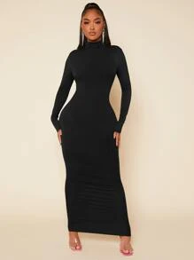 SHEIN SXY High Neck Solid Bodycon Out Going With Sleeves Black Dress