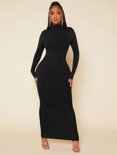 SHEIN X Phaith Montoya SHEIN SXY High Neck Solid Bodycon Out Going With Sleeves Black Dress