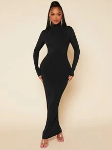 SHEIN SXY High Neck Solid Bodycon Out Going With Sleeves Black Dress