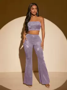 SHEIN SXY brillante Top tubo corto & Pantalones acampanados - Lila Púrpura - Ver 4