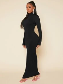 SHEIN SXY High Neck Solid Bodycon Out Going With Sleeves Black Dress