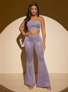 SHEIN SXY brillante Top tubo corto & Pantalones acampanados - Lila Púrpura - Ver 5