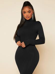 SHEIN SXY High Neck Solid Bodycon Out Going With Sleeves Black Dress