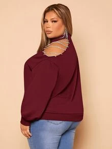 SHEIN SXY Plus Rhinestone Detail Asymmetrical Neck Sweatshirt - Burgundy - View 2