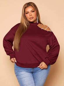 SHEIN SXY Plus Rhinestone Detail Asymmetrical Neck Sweatshirt - Burgundy - View 3