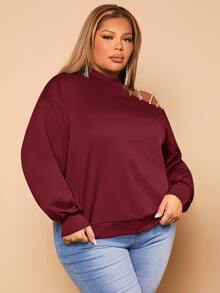 SHEIN SXY Plus Rhinestone Detail Asymmetrical Neck Sweatshirt - Burgundy - View 5