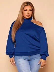 SHEIN SXY Plus Rhinestone Detail Asymmetrical Neck Sweatshirt - Blue - View 1
