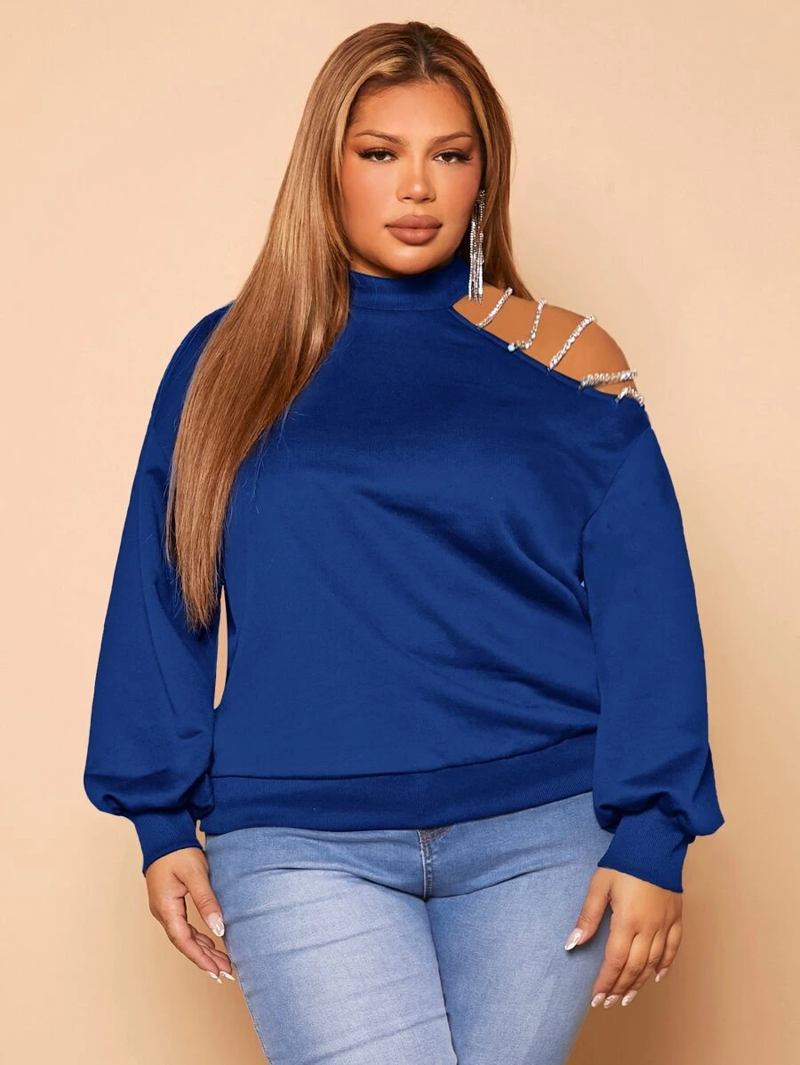 SHEIN SXY Plus Rhinestone Detail Asymmetrical Neck Sweatshirt - Blue - View 1