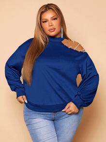 SHEIN SXY Plus Rhinestone Detail Asymmetrical Neck Sweatshirt - Blue - View 3