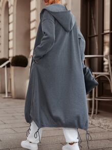 EMERY ROSE Drop Shoulder Drawstring Hem Zip Up Hoodie,Long Sleeve Tops Fall Sweatshirt - Dark Grey - View 2